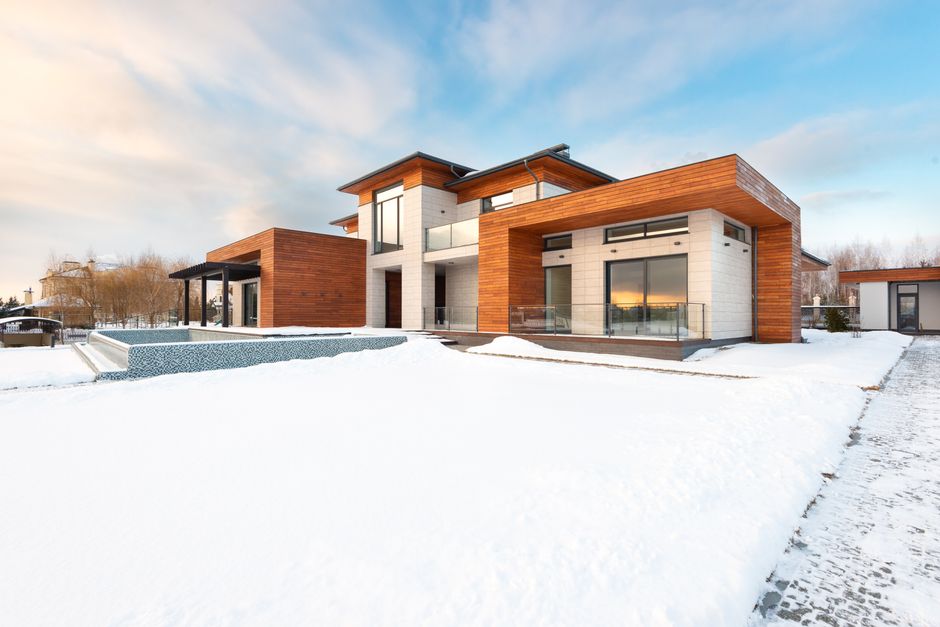 Spacious suburban cottage house with modern architecture and large private yard
